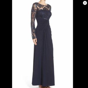Eliza J Navy Blue Long Gown with Lace Sequin Bodice
